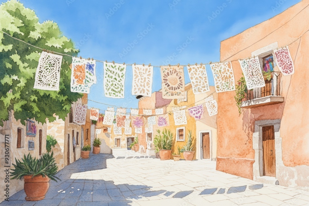 Obraz premium A vibrant street scene adorned with colorful papel picado, showcasing warm architecture under a clear blue sky.