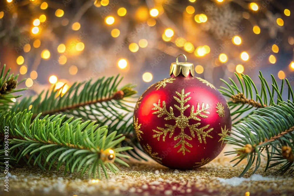 Fototapeta premium A red Christmas ornament with a snowflake design sits on a table covered in snow