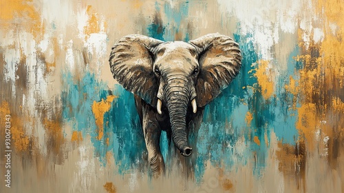 An abstract oil painting of an elephant in blue, gold, and brown hues. photo