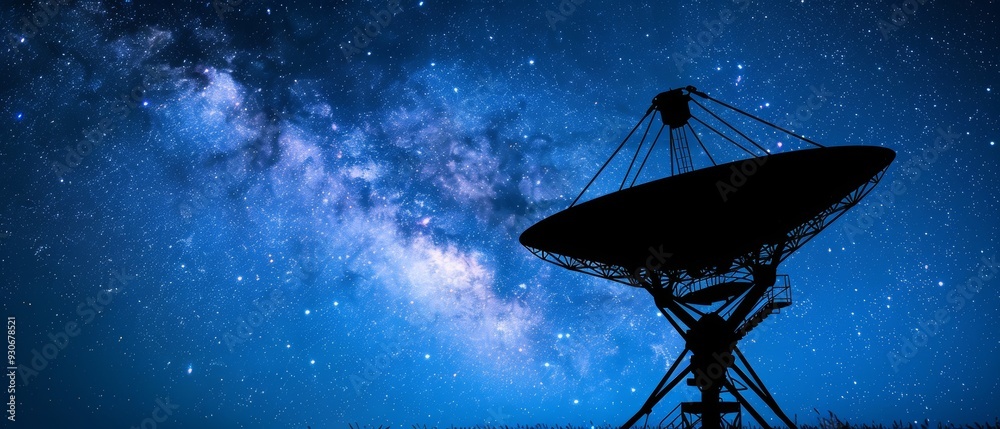Satellite Dish Silhouette Against Milky Way in Starry Night Sky Satellite Dish Silhouette Against Milky Way in Starry Night Sky