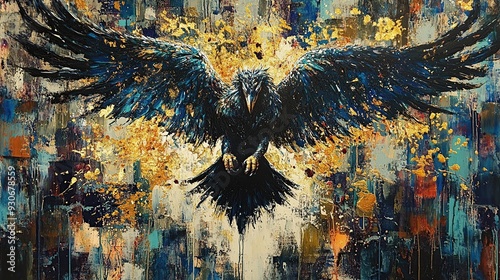 An abstract painting of a black crow with outstretched wings, rendered in blue, gold, and white paint on a canvas. photo