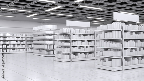 Fotografija Supermarket interior mockup with shelving of blank goods