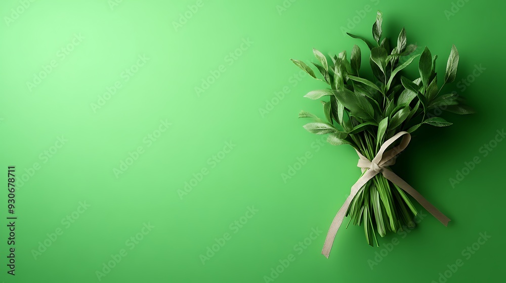 Fototapeta premium Sage Herb Bundle Tied with Ribbon on Green Background