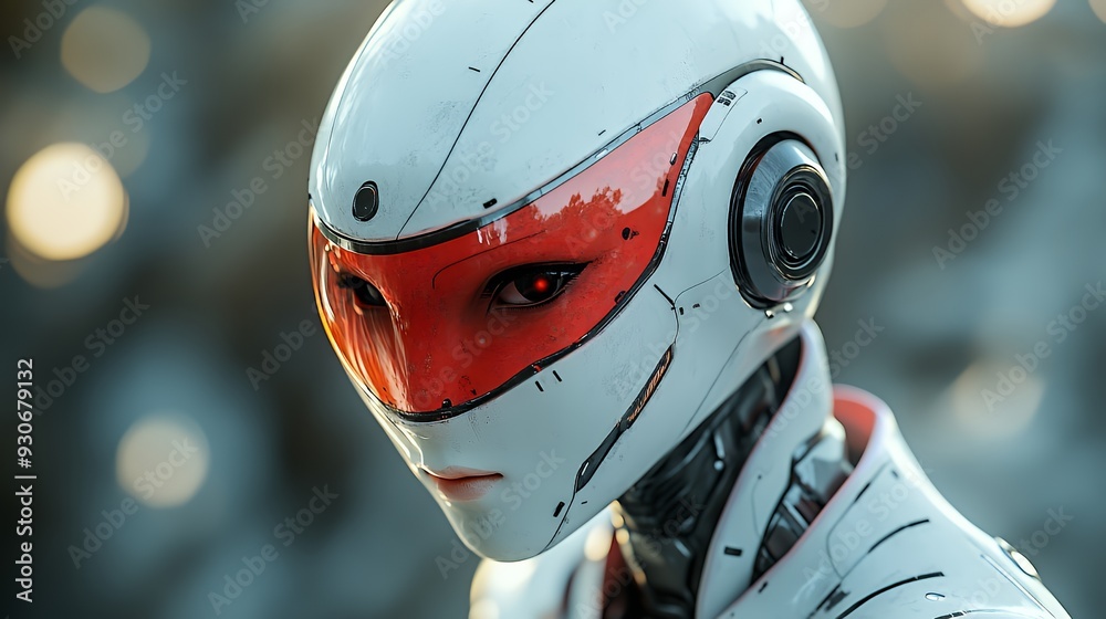 A futuristic robotic figure with a sleek design and striking red accents. A futuristic robotic figure with a sleek design and striking red accents.