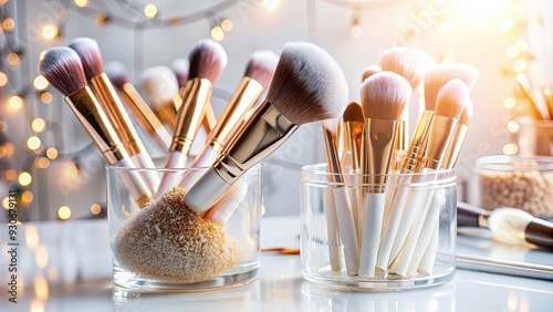 Delicate, transparent makeup brushes and a few strategically placed, shimmering eyeshadows scattered across a clean, white cosmetic counter, surrounded by soft, natural light. photo