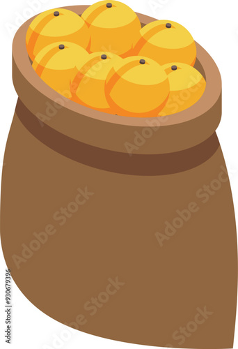 Burlap sack overflowing with fresh oranges isolated on white background