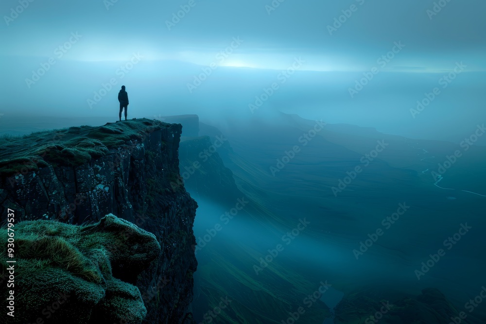 Solitary Figure on a Cliff Overlooking Foggy Mountain Range at Dawn Solitary Figure on a Cliff Overlooking Foggy Mountain Range at Dawn