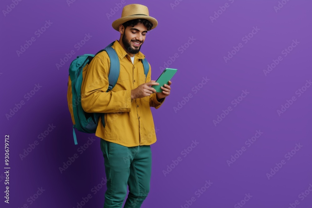 Hispanic arabian tourist in green outfit using roaming device on violet background Hispanic arabian tourist in green outfit using roaming device on violet background
