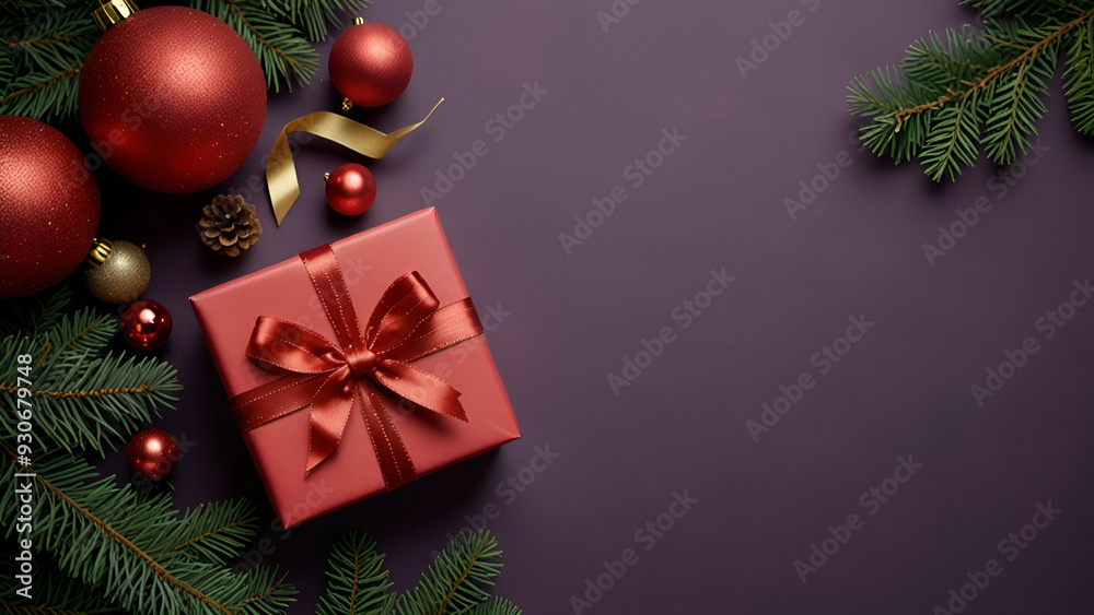 Christmas flat lay background. Present box and holiday decorations purple and blue Top view with space for design.
Christmas flat lay background. Present box and holiday decorations purple and blue Top view with space for design.