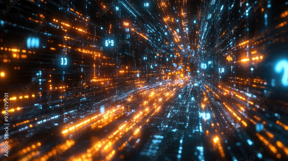 Obraz premium Abstract Digital Data Stream in Cyber Space with Orange and Blue Lights