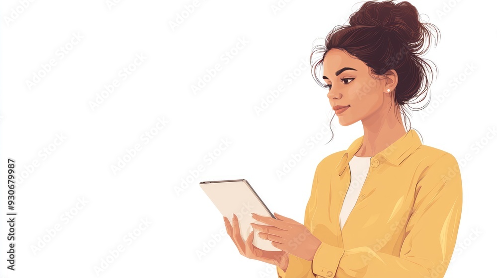 Young Woman Using Tablet in Yellow Shirt - Technology and Modern Lifestyle Concept Young Woman Using Tablet in Yellow Shirt - Technology and Modern Lifestyle Concept