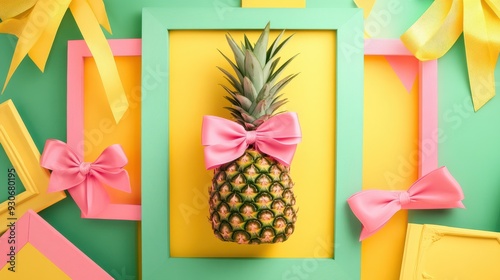 A creative advertisement idea featuring a pineapple fruit bonbon candy frame adorned with pink bows and surrounded by photo frames on a vibrant yellow and green background This summer design has a mi photo