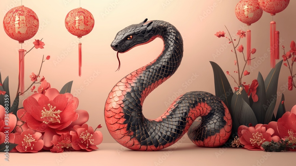 Obraz premium Elegant Black and Red Snake with Orchids and Chinese Lanterns in Oriental Design