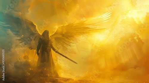 A radiant winged warrior stands illuminated against a luminous golden sky, holding a sword, symbolizing divine protection, strength, and transcendence. photo