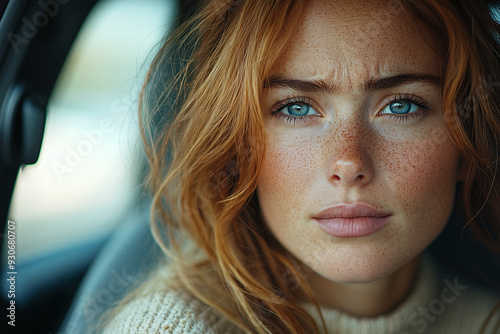 A woman sitting in a modern car, looking concerned as she gazes sideways. The natural light enhances her worried expression, making this image ideal for themes of stress, concern, or decision-making.