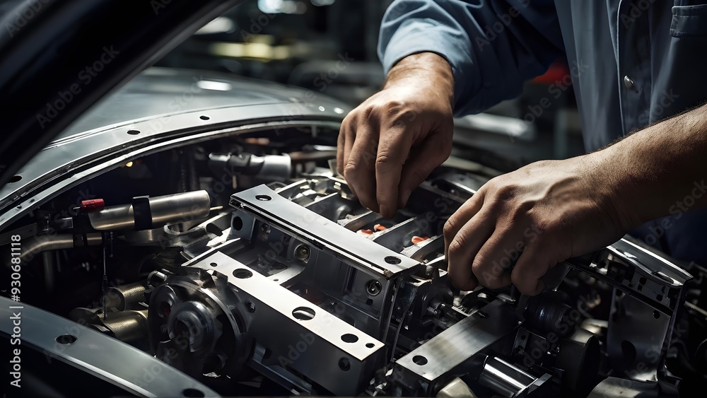 car mechanic changing car engine