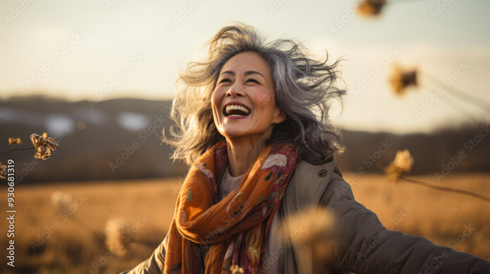 Woman with grey hair smiling in a field Woman with grey hair smiling in a field
