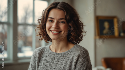 A young modern woman in grey sweatshirt smiling, person portrait Free Download A young modern woman in grey sweatshirt smiling, person portrait - GFXLoad