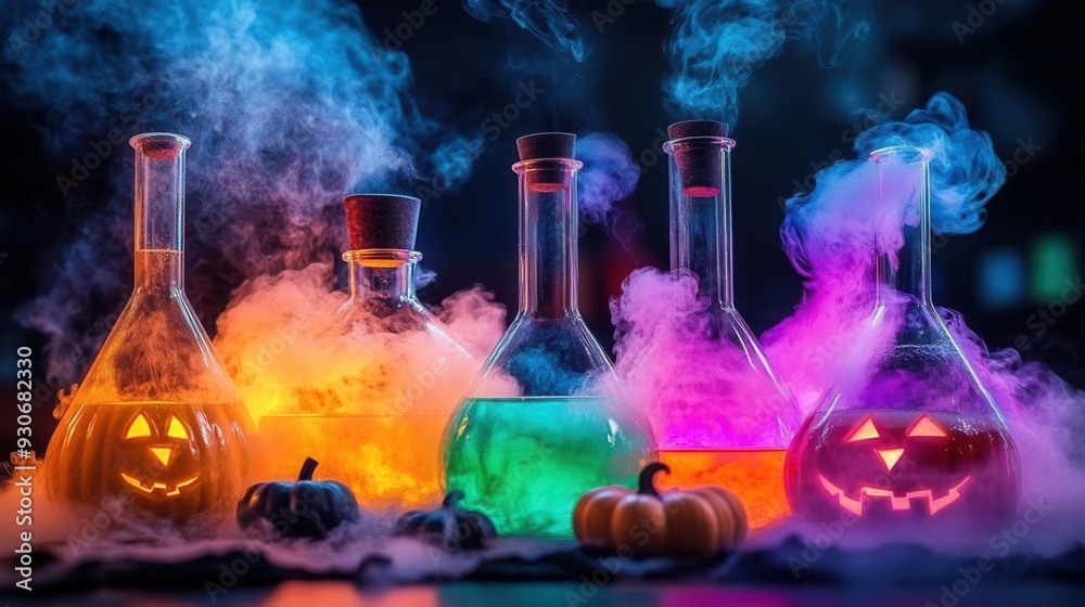 Colorful Halloween potions in flasks with smoke, featuring carved pumpkin faces Colorful Halloween potions in flasks with smoke, featuring carved pumpkin faces