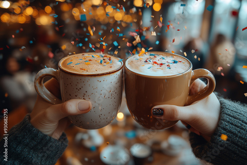 Business partners clinking their coffee mugs together, smiles bright, confetti in the air.