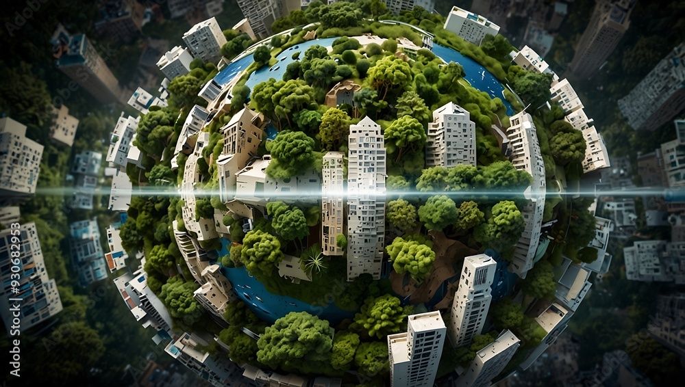A lush, green planet brimming with nature and modern city life coexisting in harmony. A lush, green planet brimming with nature and modern city life coexisting in harmony.