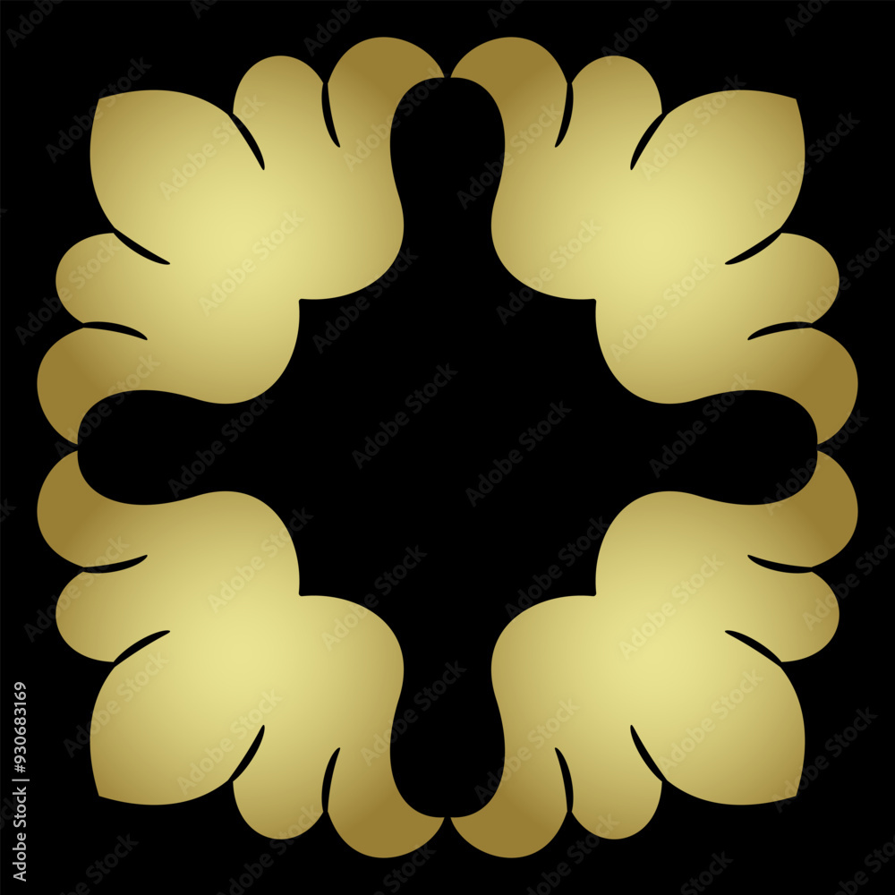 Square geometrical frame with stylized flowers. Abstract decorative element. Folk style. Gold silhouette on black background. Square geometrical frame with stylized flowers. Abstract decorative element. Folk style. Gold silhouette on black background.
