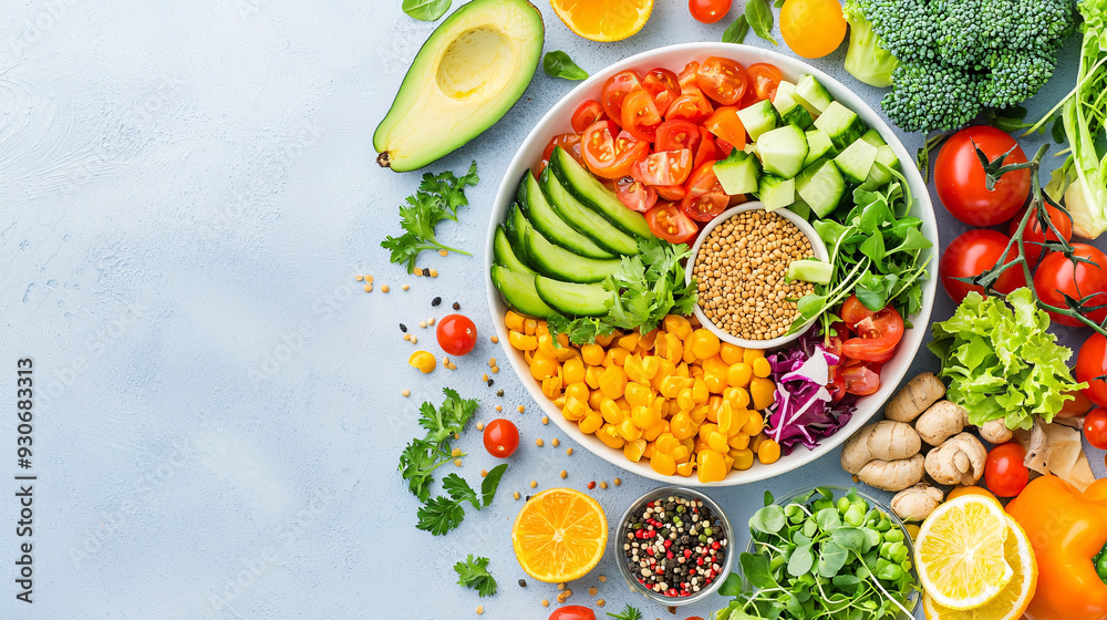 A bowl of vegetables and fruits including broccoli, tomatoes, cucumbers, and avocados. The bowl is on a blue background A bowl of vegetables and fruits including broccoli, tomatoes, cucumbers, and avocados. The bowl is on a blue background