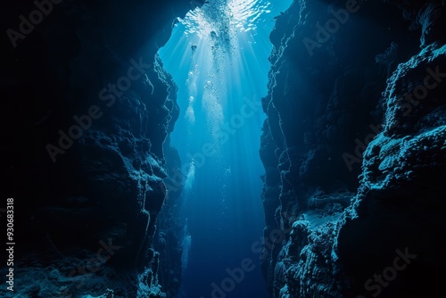 Underwater Cave System with Narrow Passageways and Bioluminescent Life photo