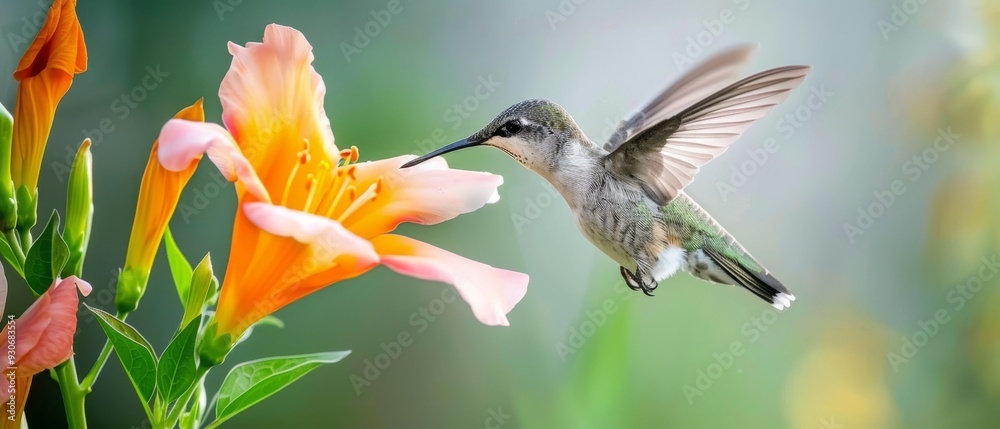Fototapeta premium Hummingbird Hovering Beside Bright Flower in Vibrant Garden.