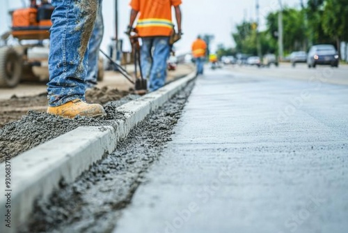 Road workers smoothing wet concrete on roadside