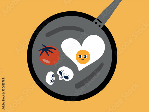 Frying pan with scrambled eggs, mushrooms and vegetables. Delicious breakfast. Healthy food. Vector illustration
