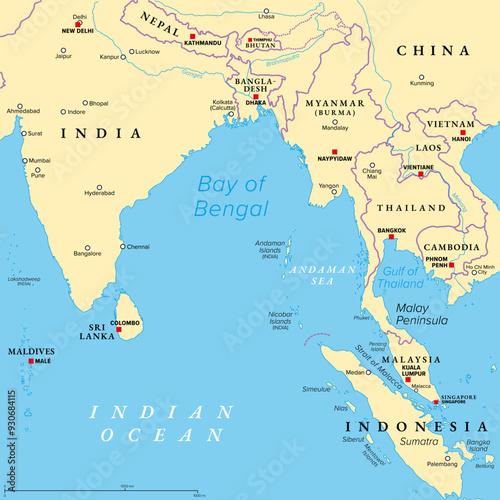 Bay of Bengal, political map. Northeastern part of the Indian Ocean and largest bay of the world, positioned between the Indian subcontinent and Indochinese peninsula, located below the Bengal region.