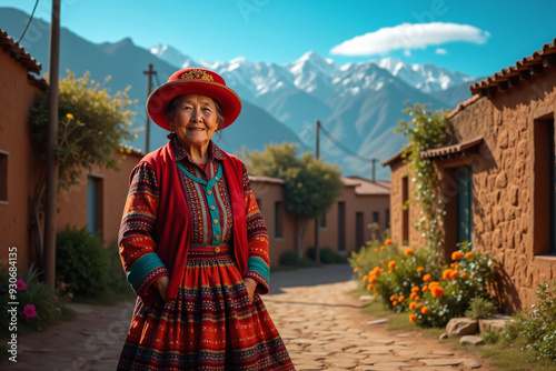 Elderly Bolivian cholita woman in red hat in mountain village photo