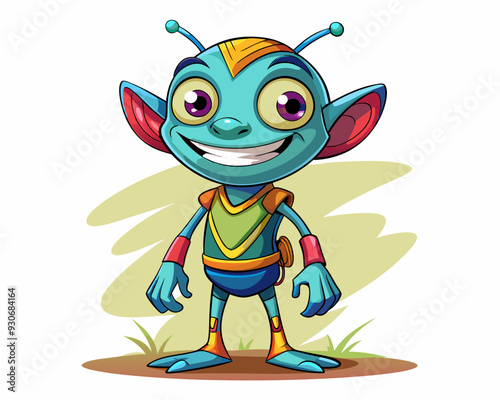 cartoon vector illustration of funny smiling alien standing, white isolated background photo