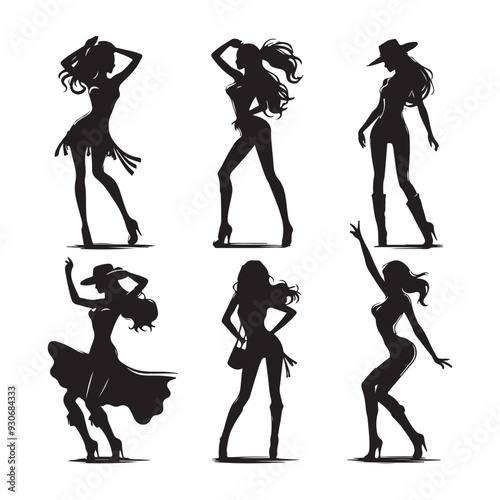 Silhouettes of dancing girls Black and white vector illustration