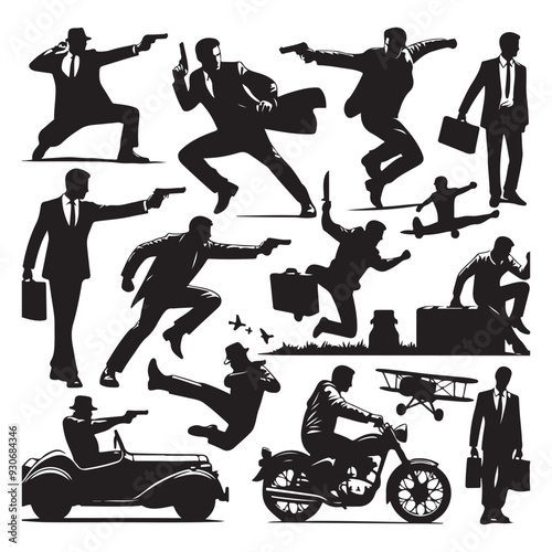 set of silhouettes of action hitman