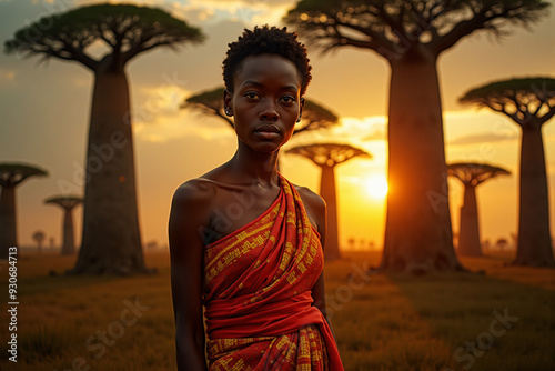 Young Malagasy woman in traditional lamba standing by Baobab trees at sunset photo