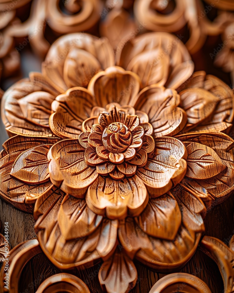 Intricately Carved Wooden Panel with Symmetrical Flower Design. Intricately Carved Wooden Panel with Symmetrical Flower Design.