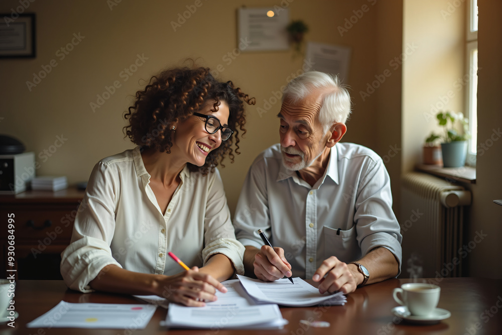 Social worker assisting elderly man with forms in office Social worker assisting elderly man with forms in office