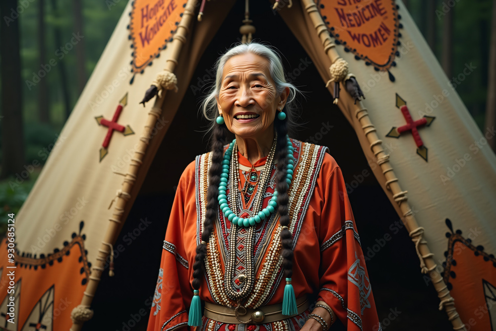 Obraz premium Elderly Native American woman in ceremonial deerskin dress
