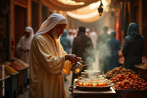 Elderly Moroccan tea seller pouring mint tea in market