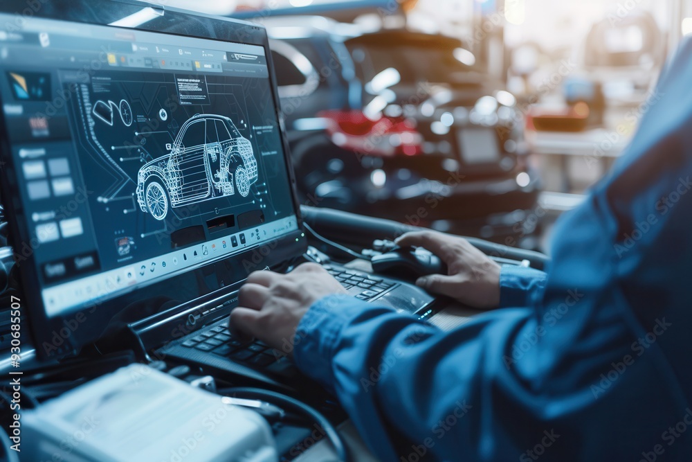 A mechanic uses a computer for diagnostics while working on engine repairs in an automotive workshop. Generative AI A mechanic uses a computer for diagnostics while working on engine repairs in an automotive workshop. Generative AI