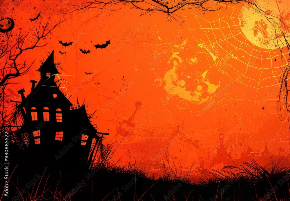 ghost horror theme background with black house and bats flying on it with orange background halloween ghost horror theme background with black house and bats flying on it with orange background halloween