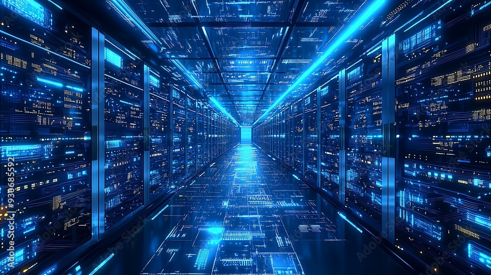 Futuristic Blue Neon Data Center Hallway with Server Racks Futuristic Blue Neon Data Center Hallway with Server Racks