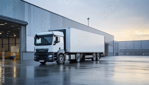 A large white truck is parked in front of an industrial warehouse, capturing the essence of logistics and freight transport.

