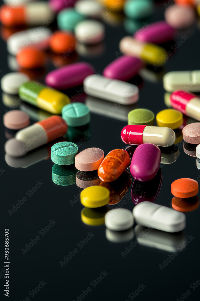 A variety of colorful pills and capsules scattered on a reflective black surface, highlighting pharmaceutical diversity and medication concepts.
A variety of colorful pills and capsules scattered on a reflective black surface, highlighting pharmaceutical diversity and medication concepts.