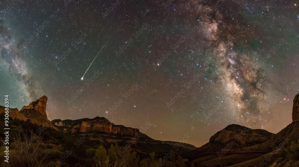 Fototapeta premium In the tranquil night, the Milky Way spans the sky, the majestic mountain range stands out clearly in the starlight, a meteor streaks across the night sky, disappearing on the horizon, a serene, myste