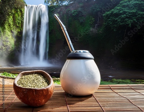  A still-life composition of a mate gourd, bombilla, and loose yerba mate leaves on a dark badground - argentinian drink
 photo