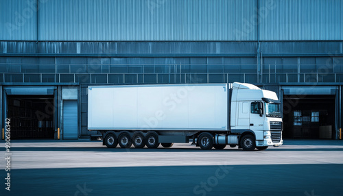 A large white truck is parked in front of an industrial warehouse, capturing the essence of logistics and freight transport.

