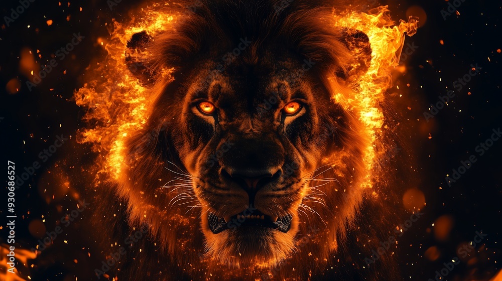 Fierce Lion with Glowing Eyes Surrounded by Flames Fierce Lion with Glowing Eyes Surrounded by Flames
